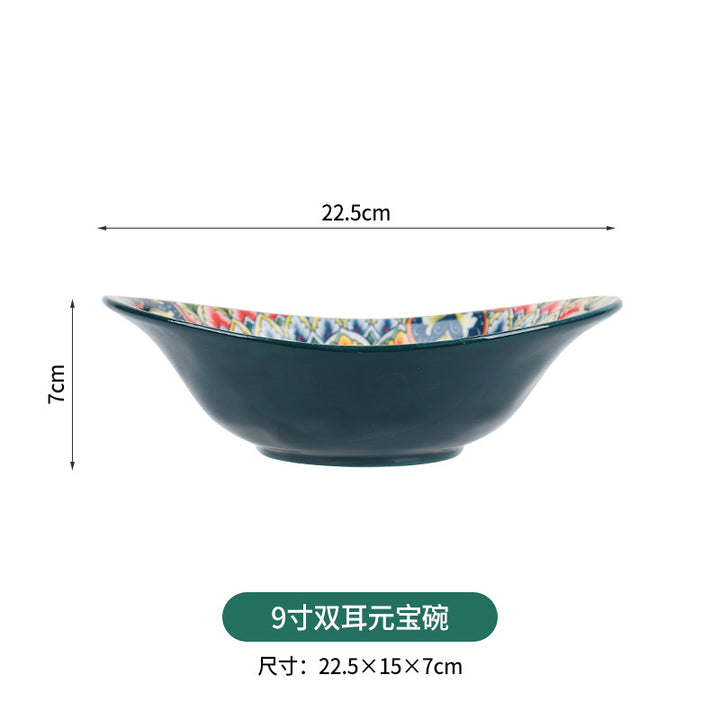 跨境波西米亚陶瓷餐具创意家用釉下彩饭碗汤碗手柄盘烤盘餐具套装
