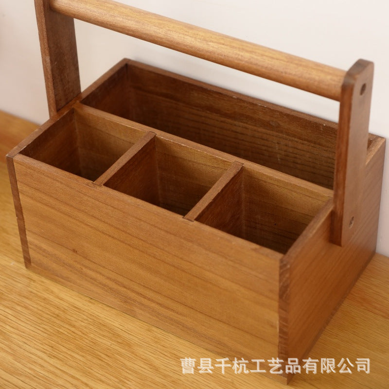 实木餐具收纳篮复古手提厨房刀具收纳盒木质家用整理碗筷收纳盒