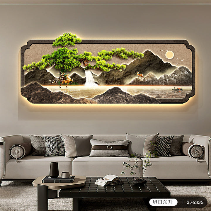 新中式客厅装饰画迎客松壁灯发光LED灯画沙发背景墙挂画轻奢壁画