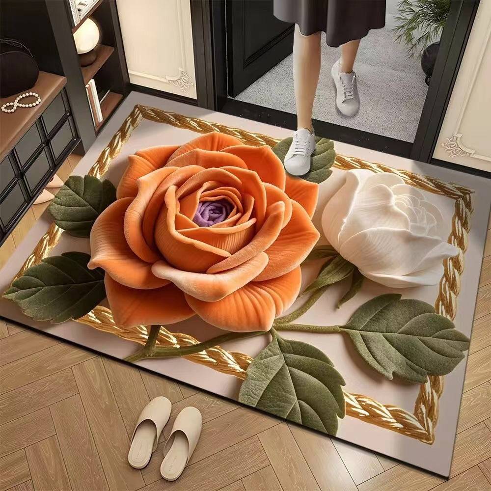 跨境3D立体花卉水晶绒地垫卫生间玄关门口耐磨耐脏防滑易打理脚垫