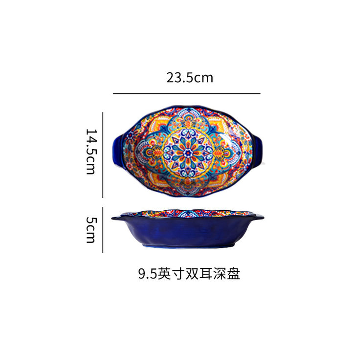 波西米亚陶瓷碗碟套装釉下彩饭碗家用复古双耳汤面碗高级感菜盘子