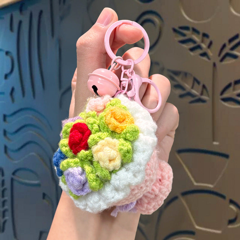 成品钩织毛线手捧玫瑰花钥匙扣挂件卡通可爱向日葵教师节高考礼物