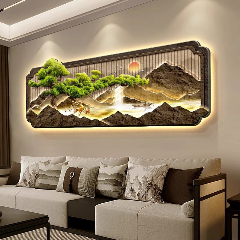 新中式客厅装饰画迎客松壁灯发光LED灯画沙发背景墙挂画轻奢壁画