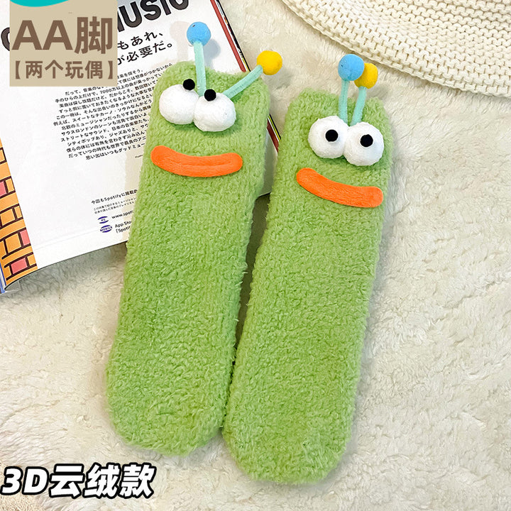 袜子女丑萌搞怪秋冬地板睡眠袜家居毛毛茸茸可爱保暖情侣袜中筒袜