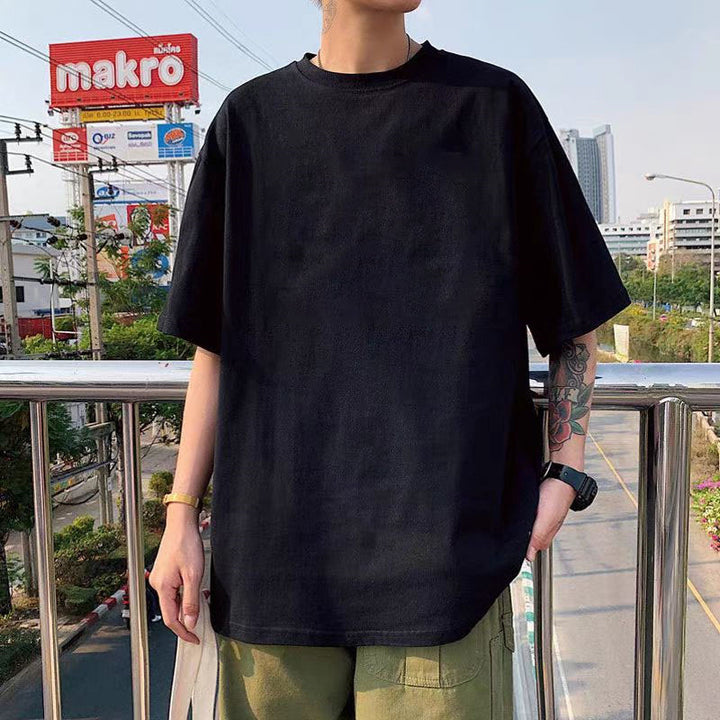 纯棉短袖高级感T恤男港风潮牌大码圆领体恤青少年五分袖厂家直销