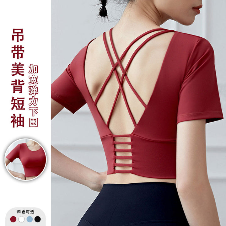 春夏运动文胸细肩带内衣弹力聚拢上衣健身短袖女带胸垫瑜伽服透气