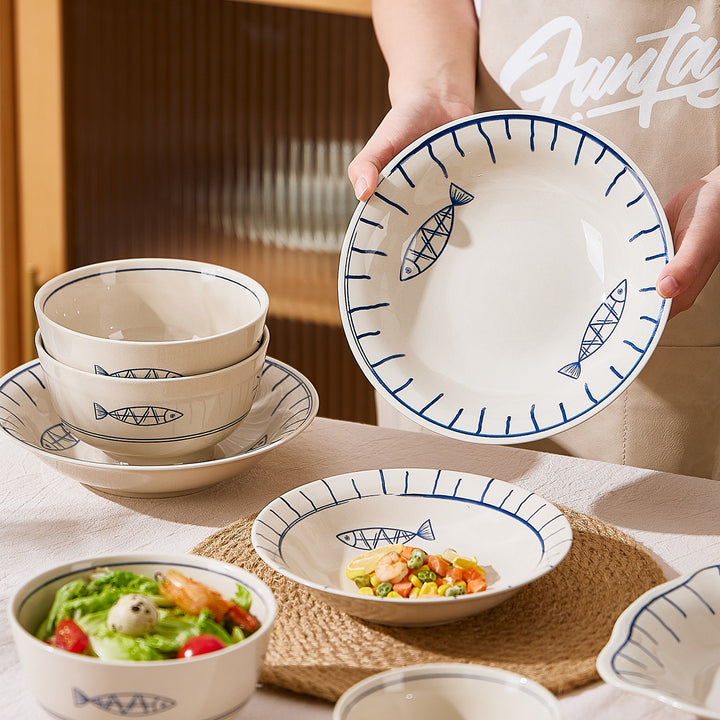 日式年年有鱼家用陶瓷米饭碗餐具釉彩碗盘碗碟套装小碗菜盘餐盘