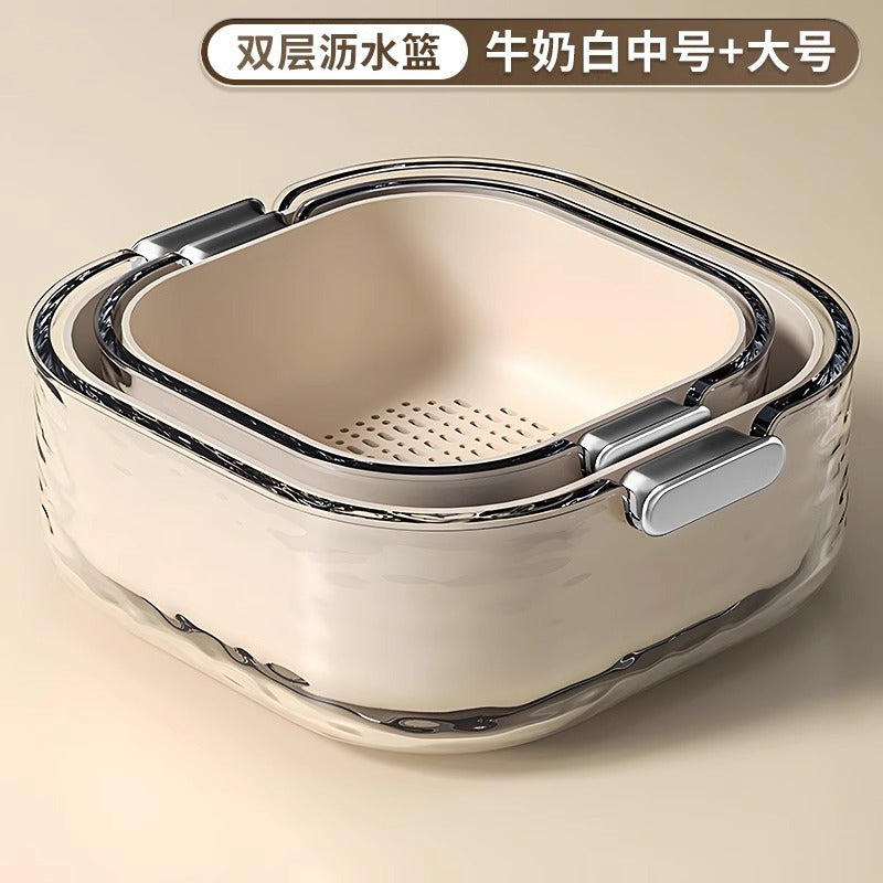 双层洗菜盆沥水篮六件套厨房客厅家用洗水果盘简约塑料淘菜菜篮子