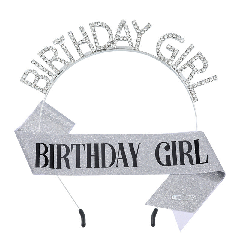 时尚水钻发箍肩带BIRTHDAY GIRL套装 女孩生日装饰腰带派对礼物