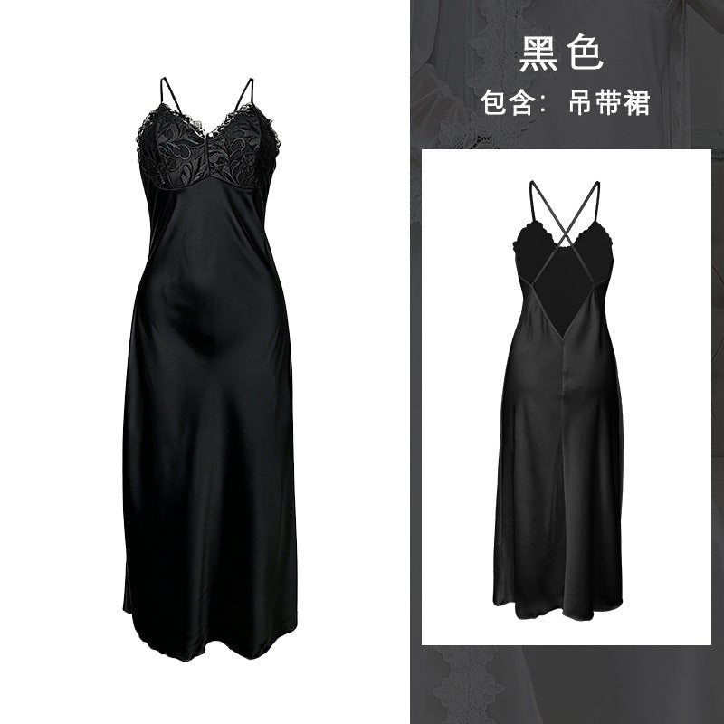 外贸款女士性感蕾丝睡袍套装网纱透视长款晨袍吊带裙家居服846