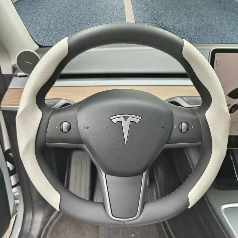适用特斯拉焕新版Model3 Y翻毛皮方向盘套超薄吸汗专用方向盘卡套