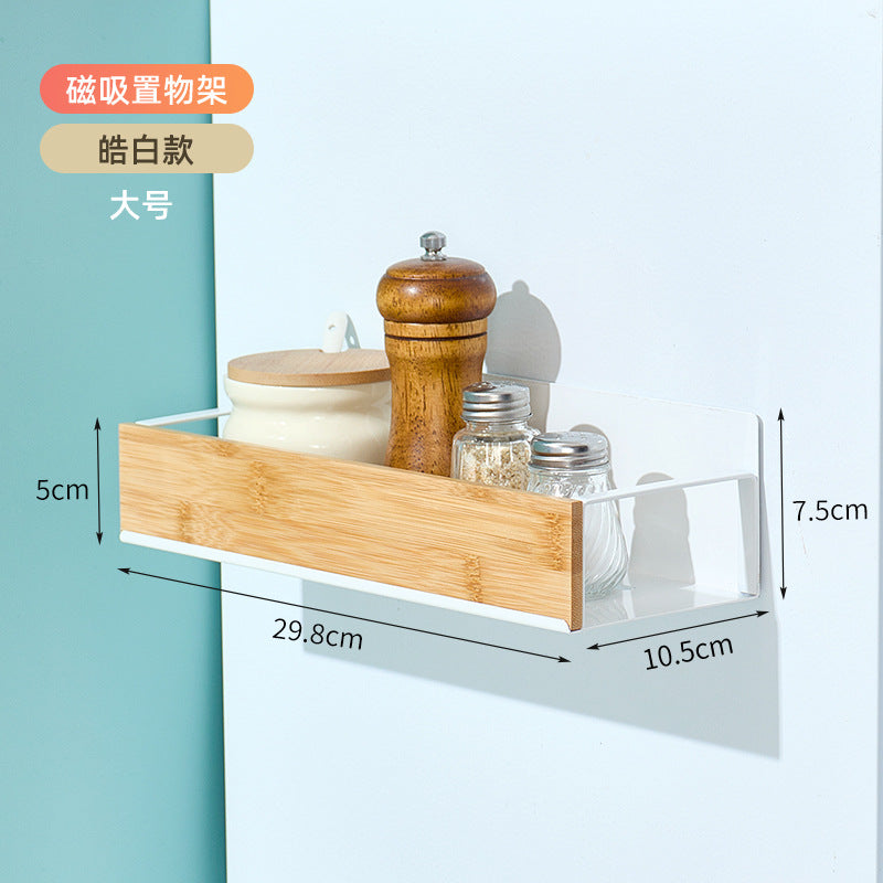跨境厨房壁挂式竹木置物架磁吸式冰箱架侧挂收纳架免打孔调料架盒