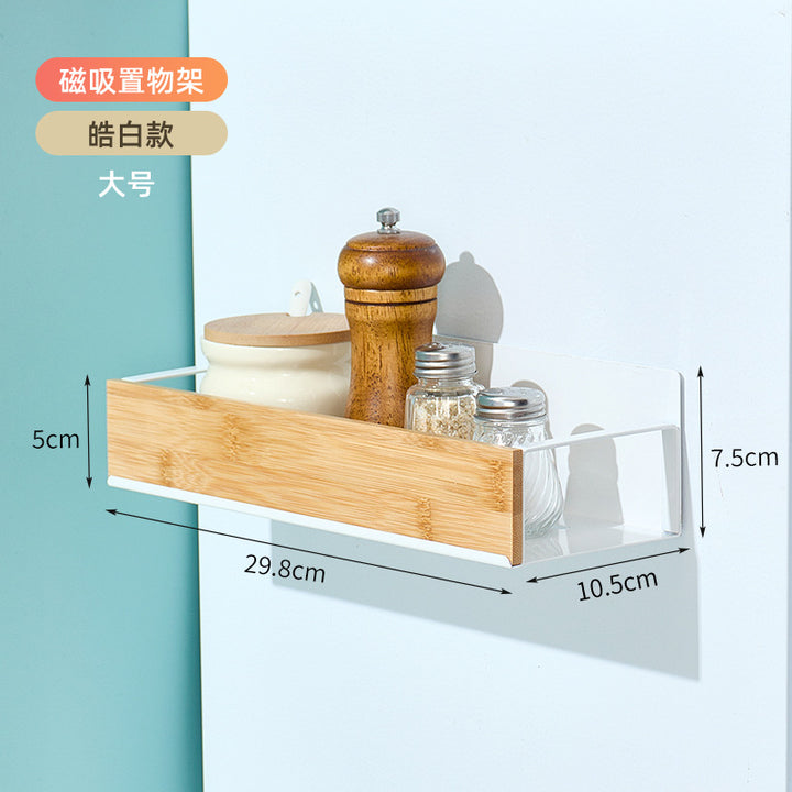 跨境厨房壁挂式竹木置物架磁吸式冰箱架侧挂收纳架免打孔调料架盒