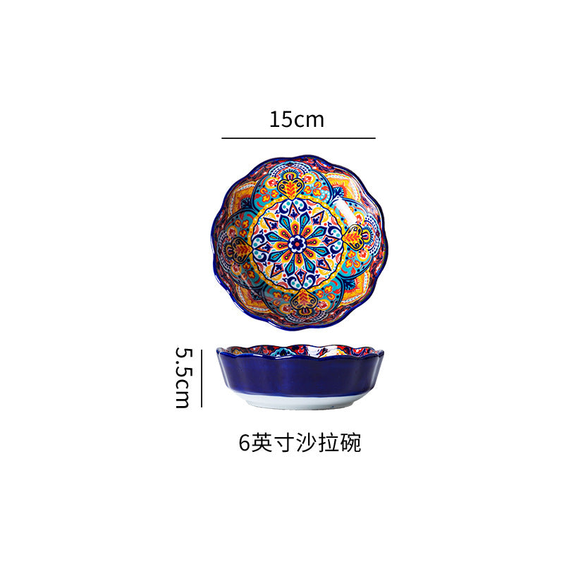 波西米亚陶瓷碗碟套装釉下彩饭碗家用复古双耳汤面碗高级感菜盘子