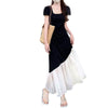 Plus Size French Short Sleeve Dress – Slim Waist Hepburn Style Color Block Midi Dress