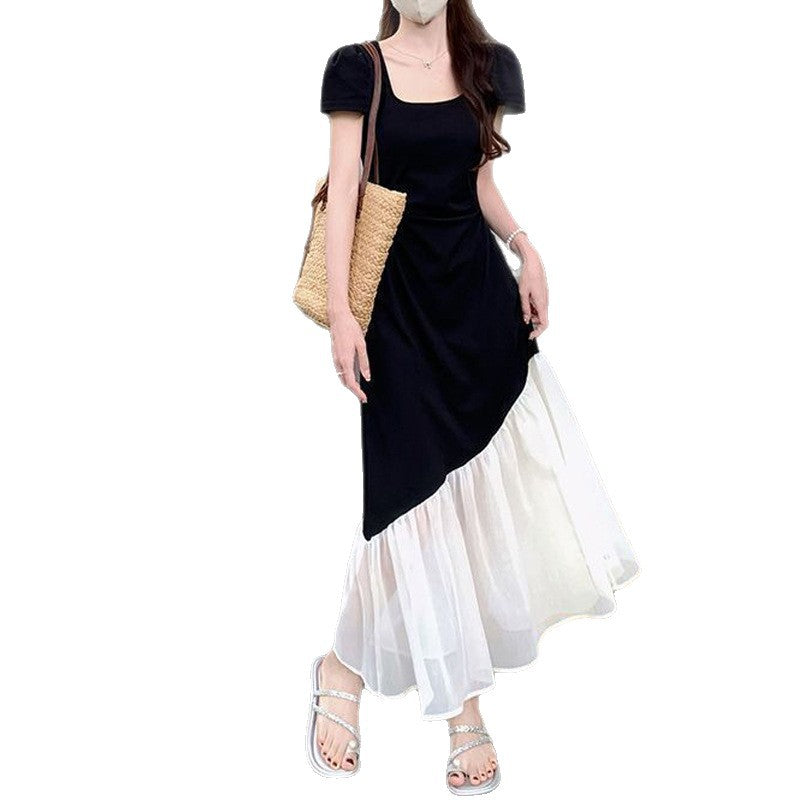Plus Size French Short Sleeve Dress – Slim Waist Hepburn Style Color Block Midi Dress