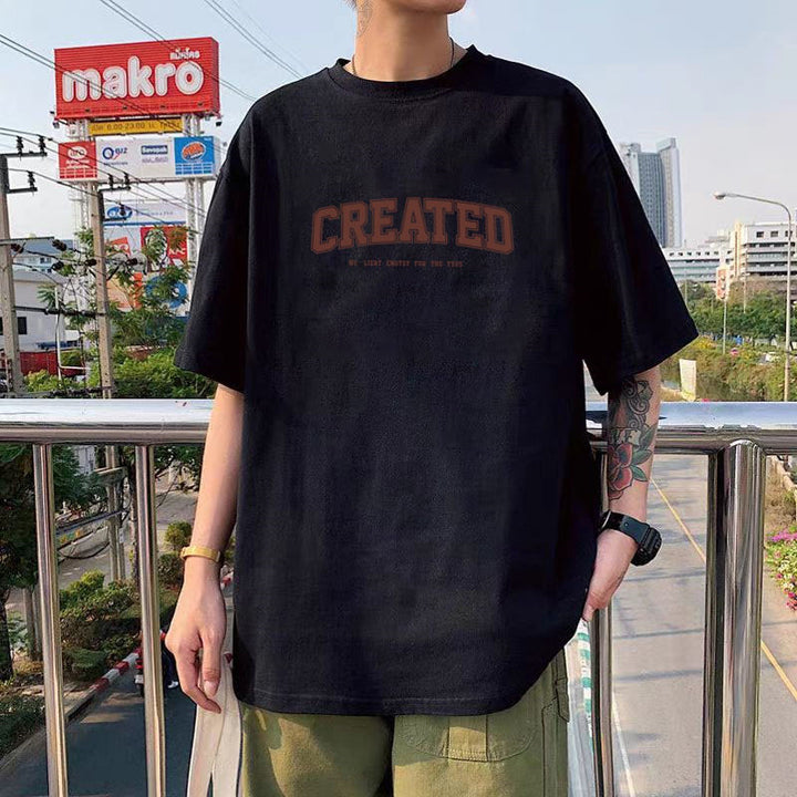 纯棉短袖高级感T恤男港风潮牌大码圆领体恤青少年五分袖厂家直销