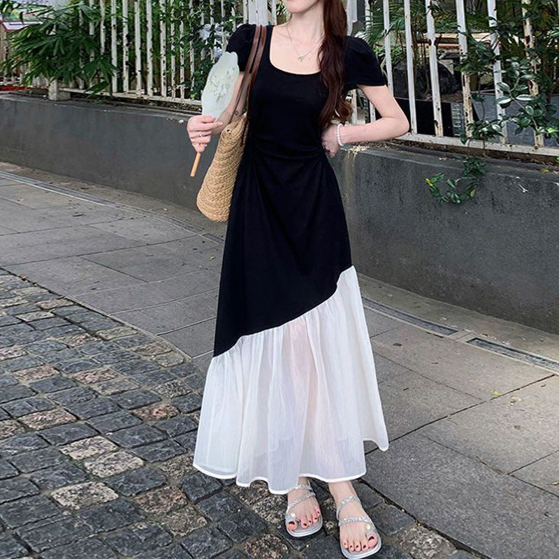 Plus Size French Short Sleeve Dress – Slim Waist Hepburn Style Color Block Midi Dress