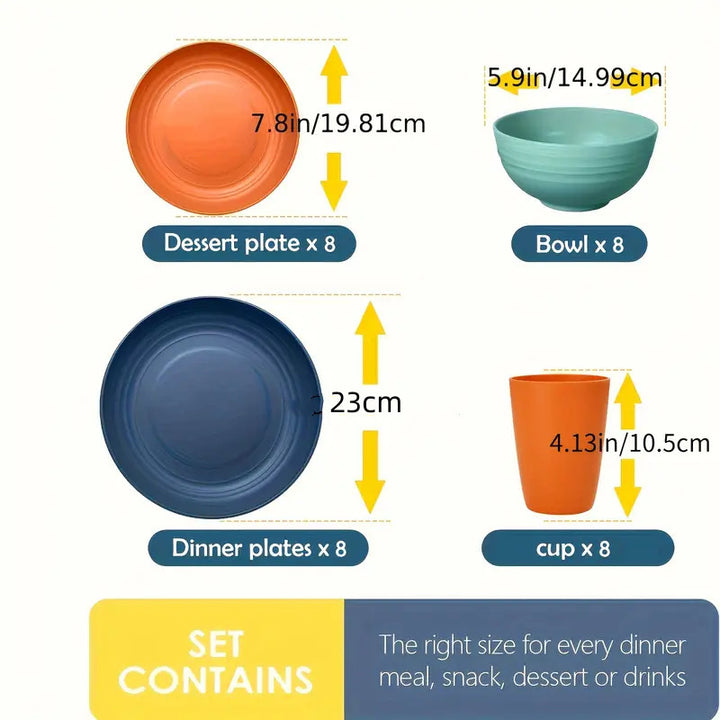 跨境TEMU热销小麦秸秆碗碟盘16/32PCS盘碗杯家用餐盘礼品餐具套装