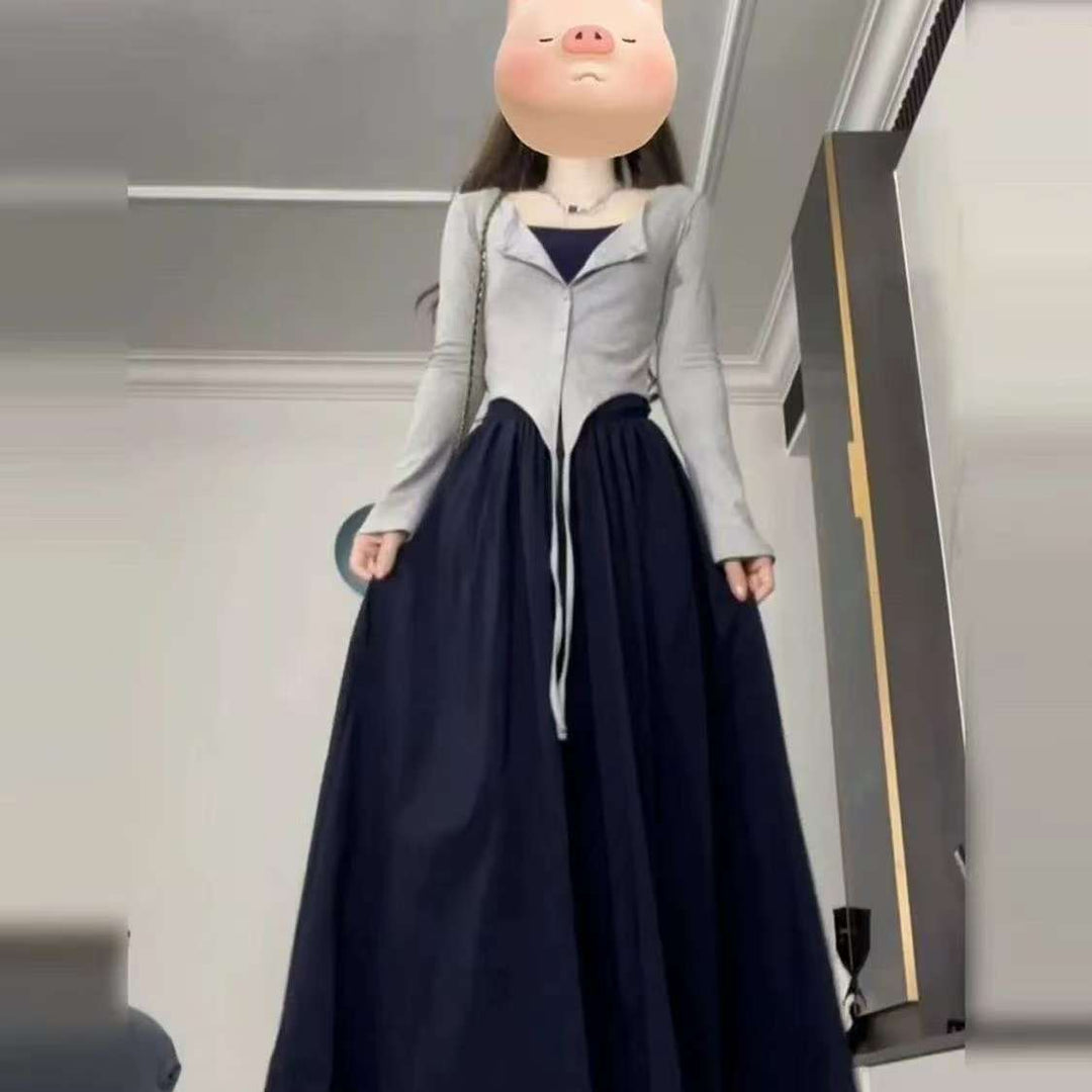 法式气质蓝色吊带连衣裙子女秋季2025新款修身掐腰感长裙套装