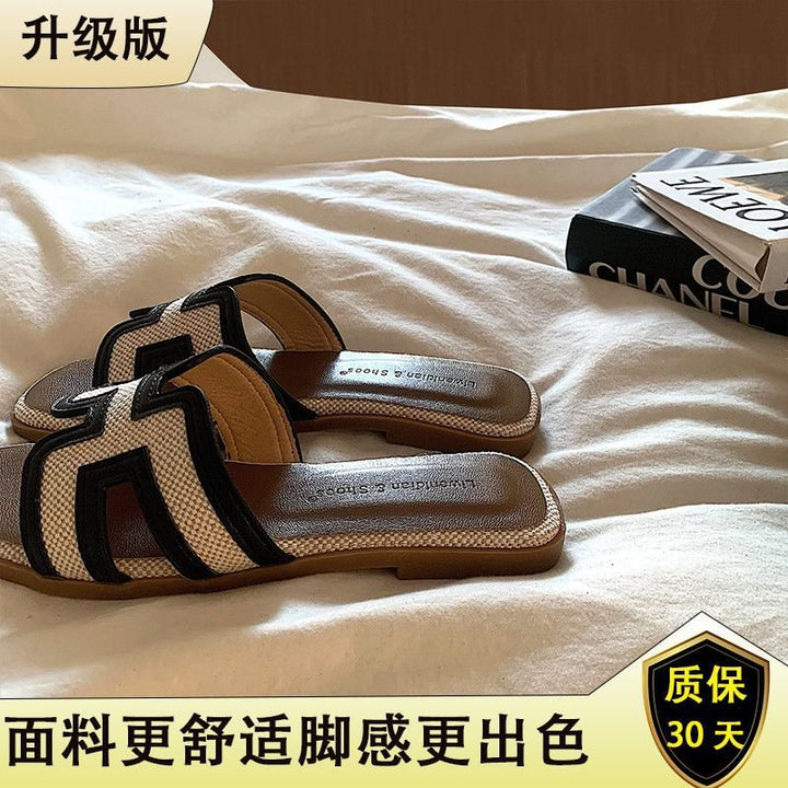 美翻了~平底拖鞋女夏季法式小香风一字复古凉鞋ins百搭外穿成年