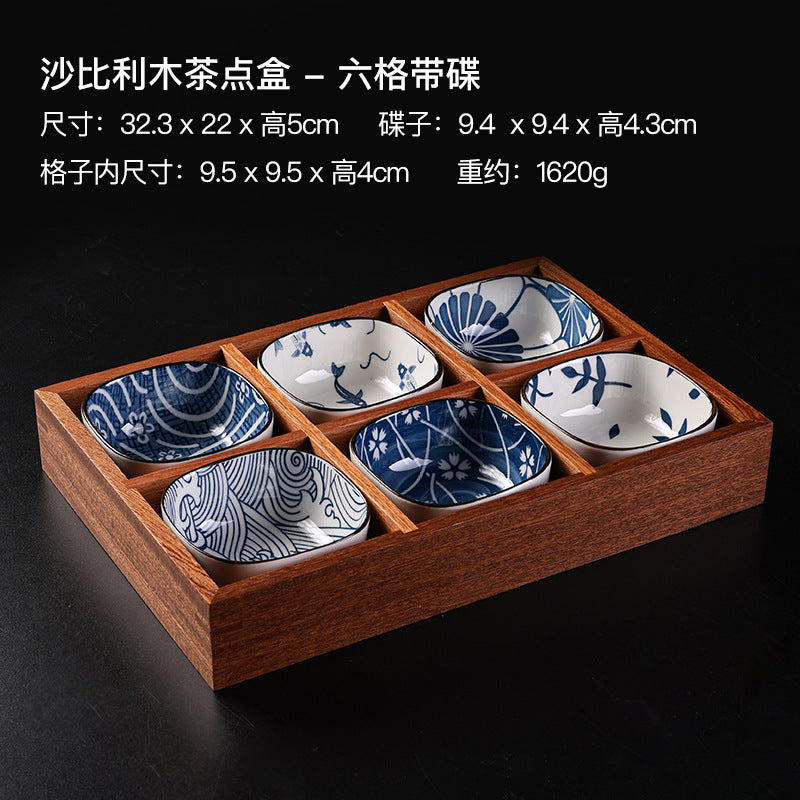 九宫格木制品干果盘新款中式盘子果盘户外陶瓷围炉煮茶托盘碟套装