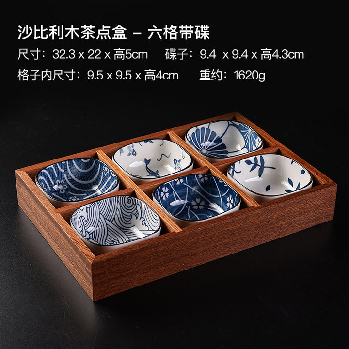 九宫格木制品干果盘新款中式盘子果盘户外陶瓷围炉煮茶托盘碟套装