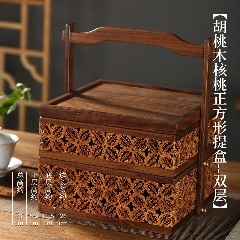 实木新中式盒子核桃工艺点心盒实木茶具收纳提篮胡桃木手提食盒子