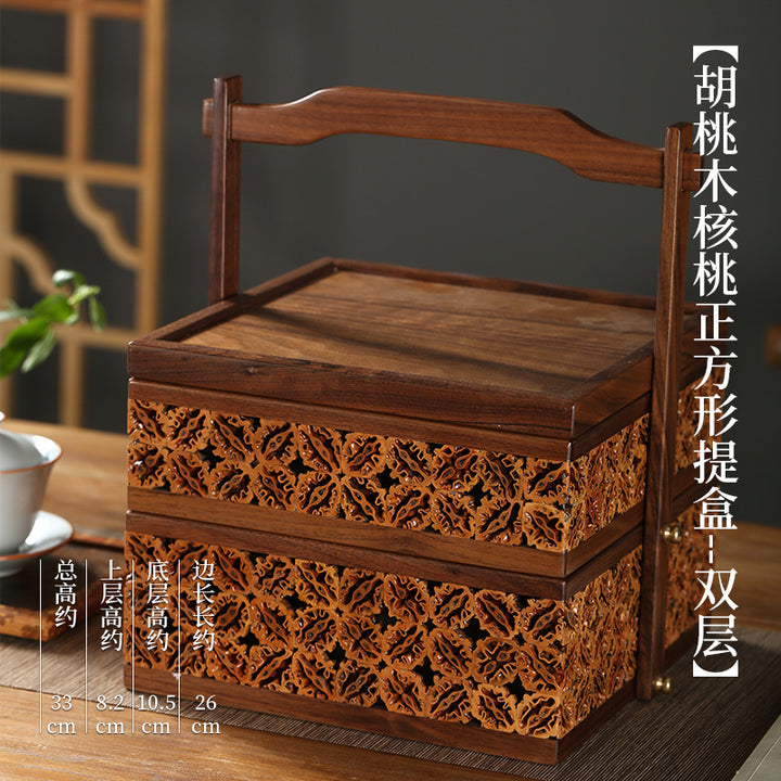 实木新中式盒子核桃工艺点心盒实木茶具收纳提篮胡桃木手提食盒子