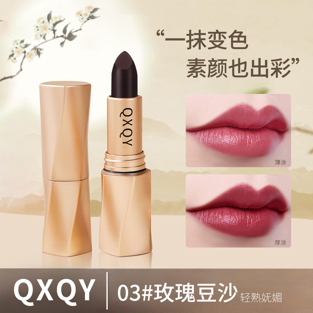 QXQY黑奢绒光不沾杯口红哑光防水豆沙色显色气质丝绒唇膏厂家代发