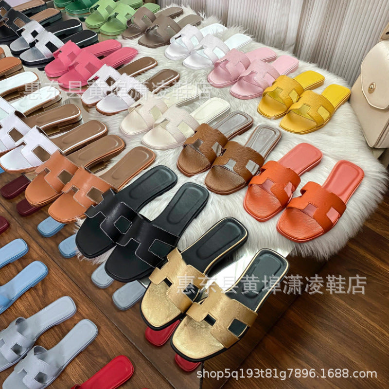 跨境外贸经典H拖鞋羊皮平底女拖鞋沙滩一字拖鞋女士凉拖鞋