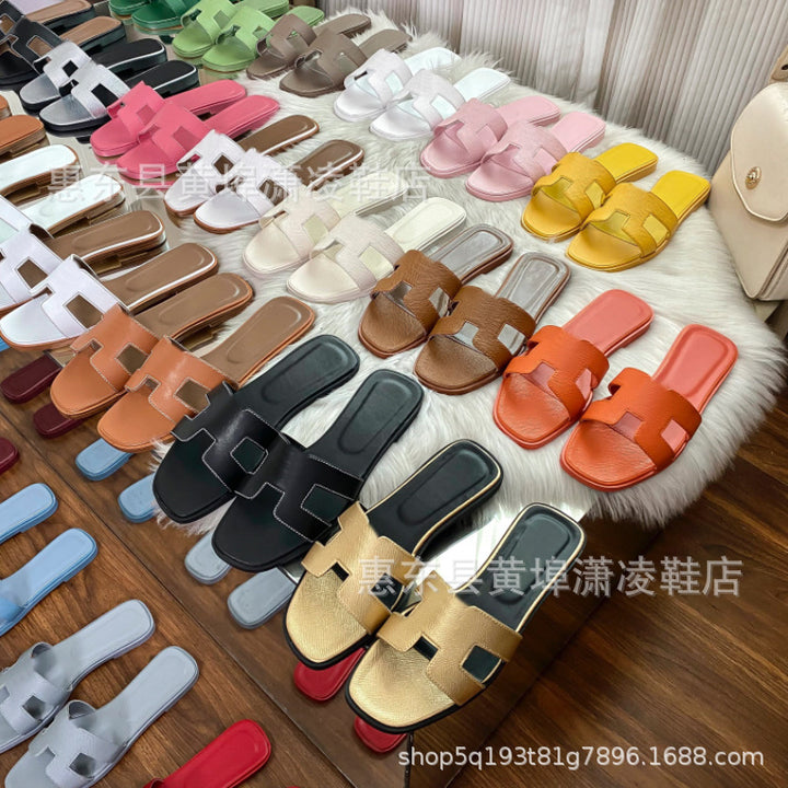 跨境外贸经典H拖鞋羊皮平底女拖鞋沙滩一字拖鞋女士凉拖鞋
