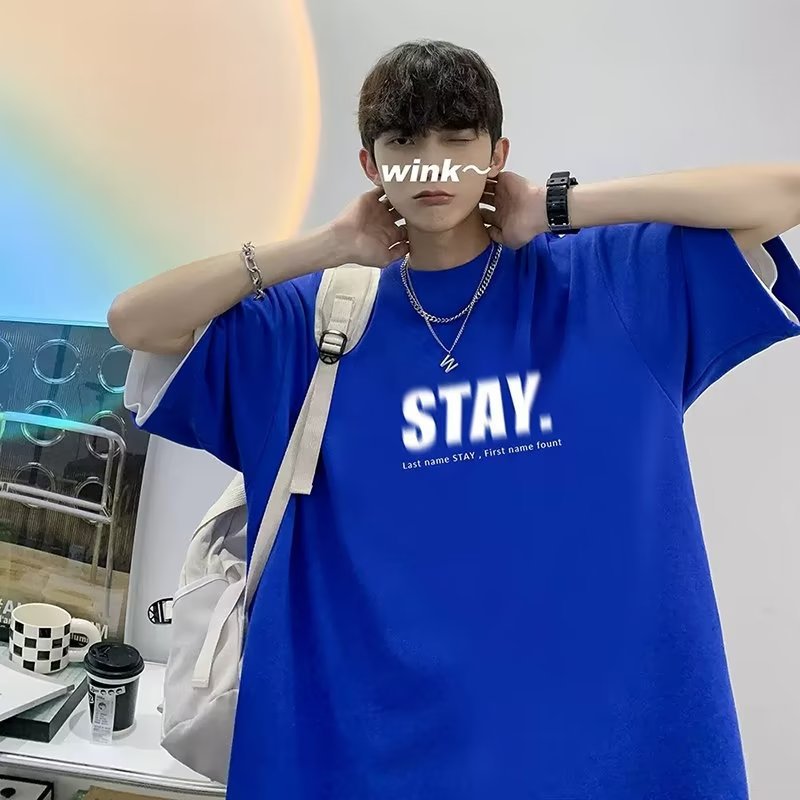 2024夏季短袖宽松T恤男士潮牌休闲半袖潮流体恤打底衫五分袖上衣