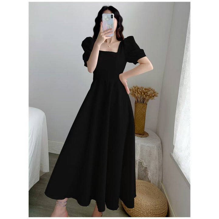 Plus Size Hepburn Style Little Black Dress – French Vintage Square Neck Puff Sleeve Slim Midi Dress