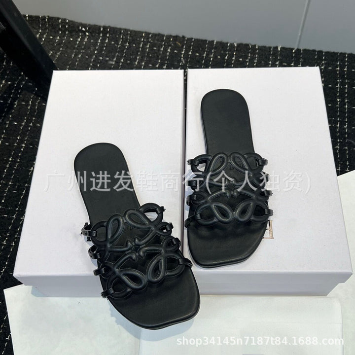现货！罗家拖鞋女外穿2026夏新款真皮百搭休闲沙滩凉拖平底一字拖