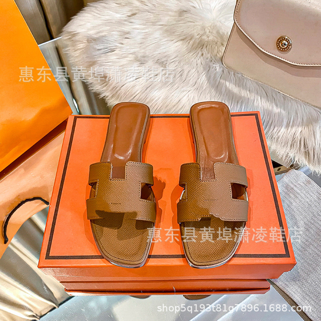 跨境外贸经典H拖鞋羊皮平底女拖鞋沙滩一字拖鞋女士凉拖鞋