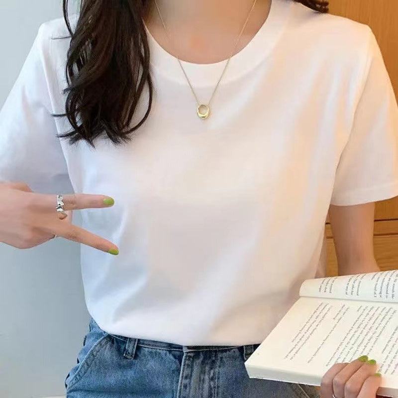2025新款韩版女装宽松打底衫圆领白色上衣正肩休闲百搭短袖T恤女