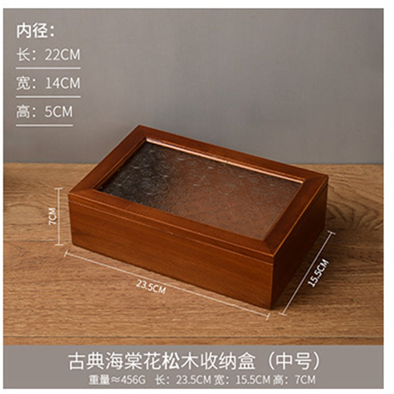 木质首饰盒复古杂物储物箱家用桐木防尘翻盖海棠花玻璃桌面收纳盒