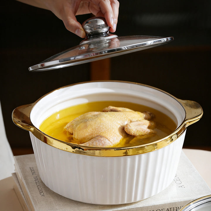 Gold Rim Large Soup Tureen with Lid – European Style Double Handle Serving Bowl