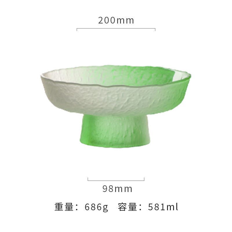 新款彩色冰露果盘水晶玻璃多彩高脚果盘批发渐变粉蓝盘子轻奢套装