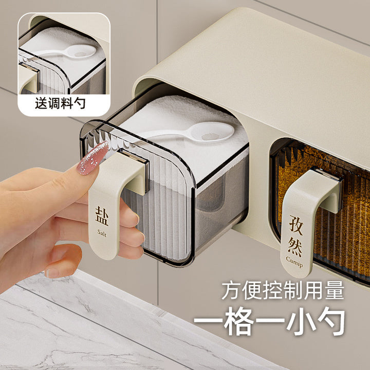 壁挂一体多格调料盒组合套厨房家用品防潮收纳盐味精塑料罐置物架