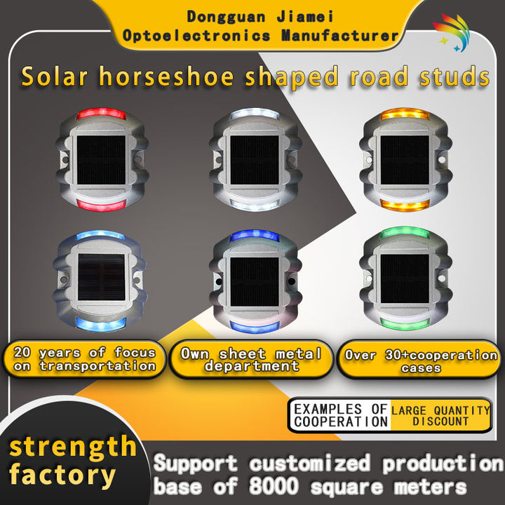 Solar powered cast aluminum horseshoe shaped road stud lamp
