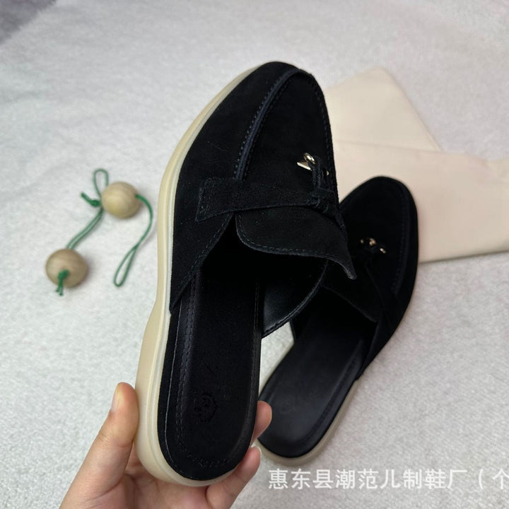复古真皮拖鞋四季通用一脚蹬高级感半拖鞋女外穿厚底家居包头拖鞋