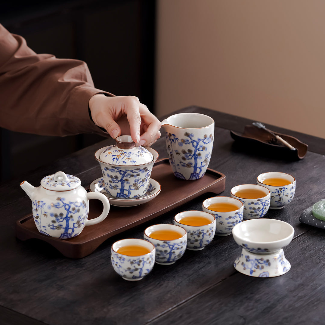 新款功夫茶具套装岁寒三友汝窑茶壶盖碗茶杯整套高档礼盒装做福利