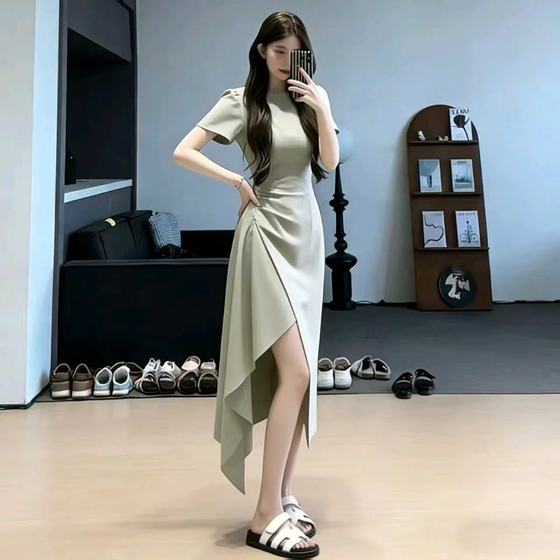 Slim Fit Solid Color Midi Dress – Irregular Slit Short Sleeve Commuter Dress