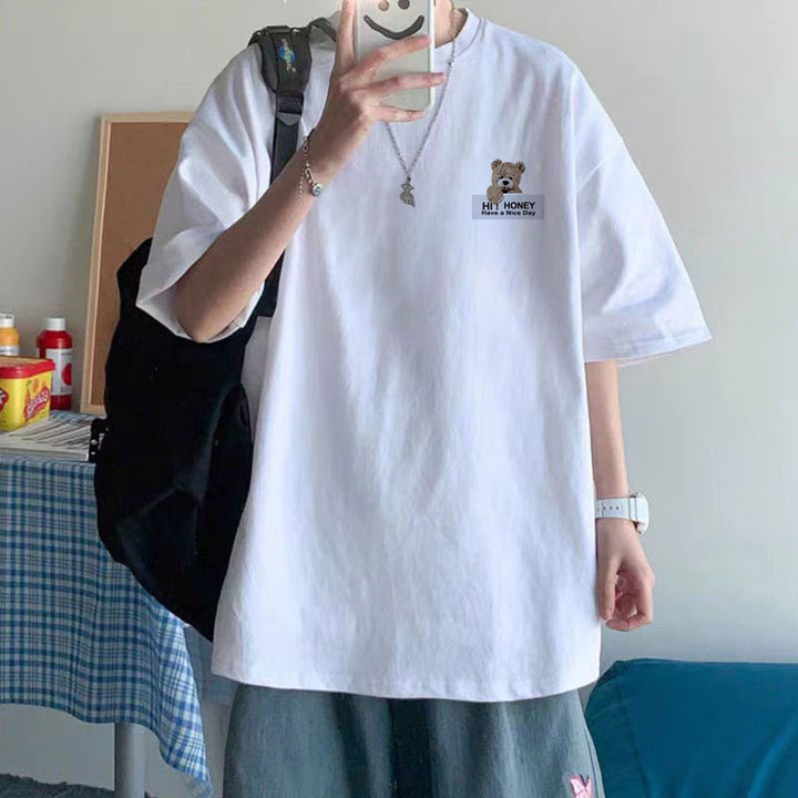 纯棉短袖高级感T恤男港风潮牌大码圆领体恤青少年五分袖厂家直销