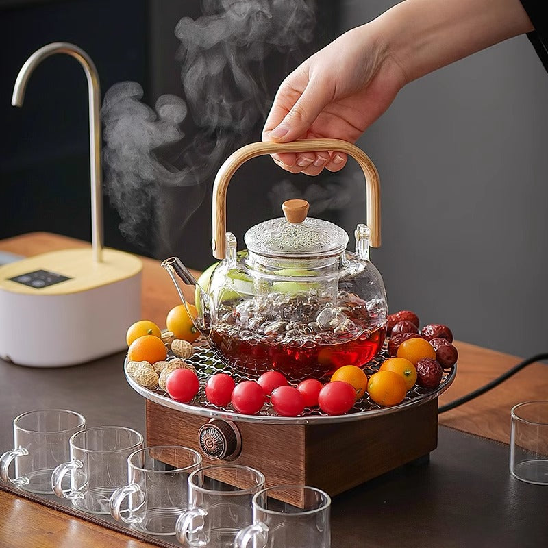 电陶炉胡桃木煮茶炉围炉煮茶器玻璃烧水壶家用电热茶炉茶具泡茶炉