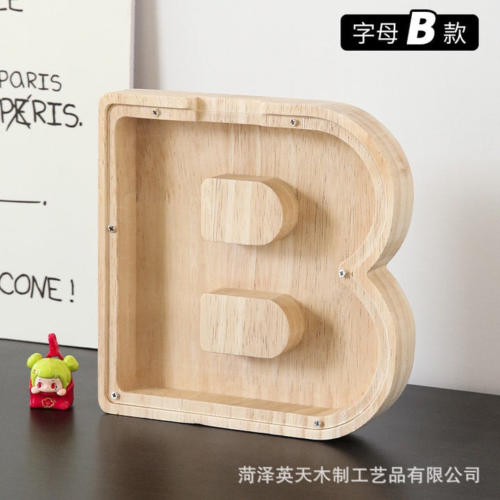 现货木质26个英文字母储蓄罐儿童小玩具收纳盒透明亚克力存钱罐子