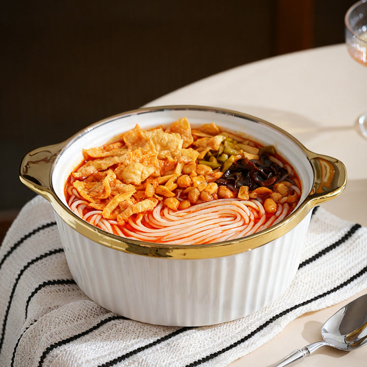 Gold Rim Large Soup Tureen with Lid – European Style Double Handle Serving Bowl