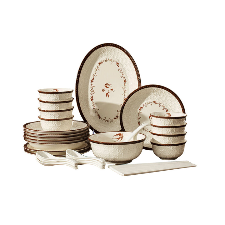 Bowl & Plate Tableware Set Embossed Plate Underglaze Ceramic Bowl Plate Home Bowl & Plate Small Bowl